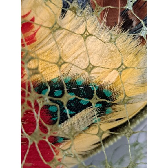 Vintage Pillbox Hat Green Pheasant Feather Multicolor Netting Retro Womens OS - Picture 2 of 11